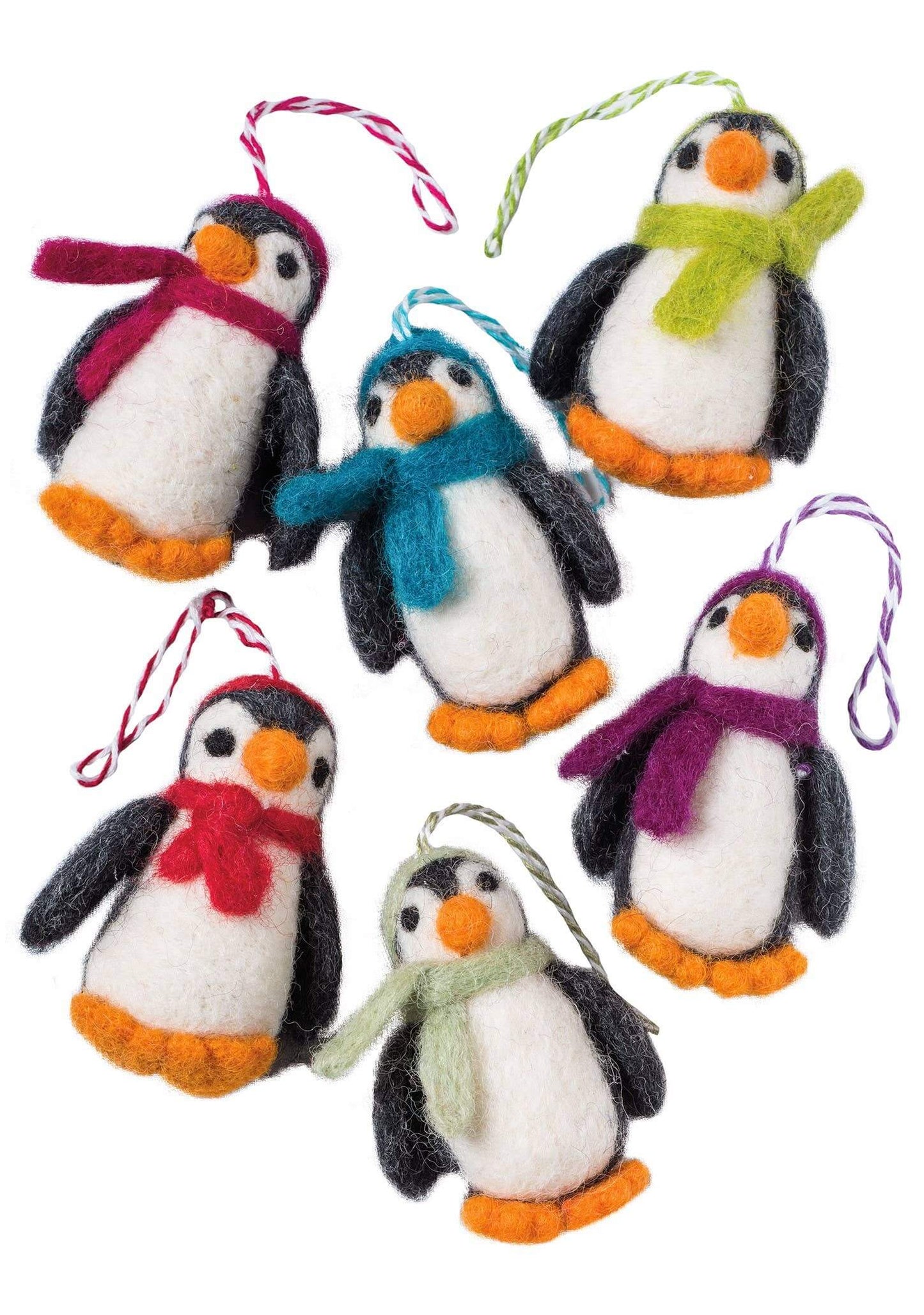 Felt Penguin Christmas Decoration - quirky handmade penguin ornaments in assorted colors, perfect for Christmas tree decor.