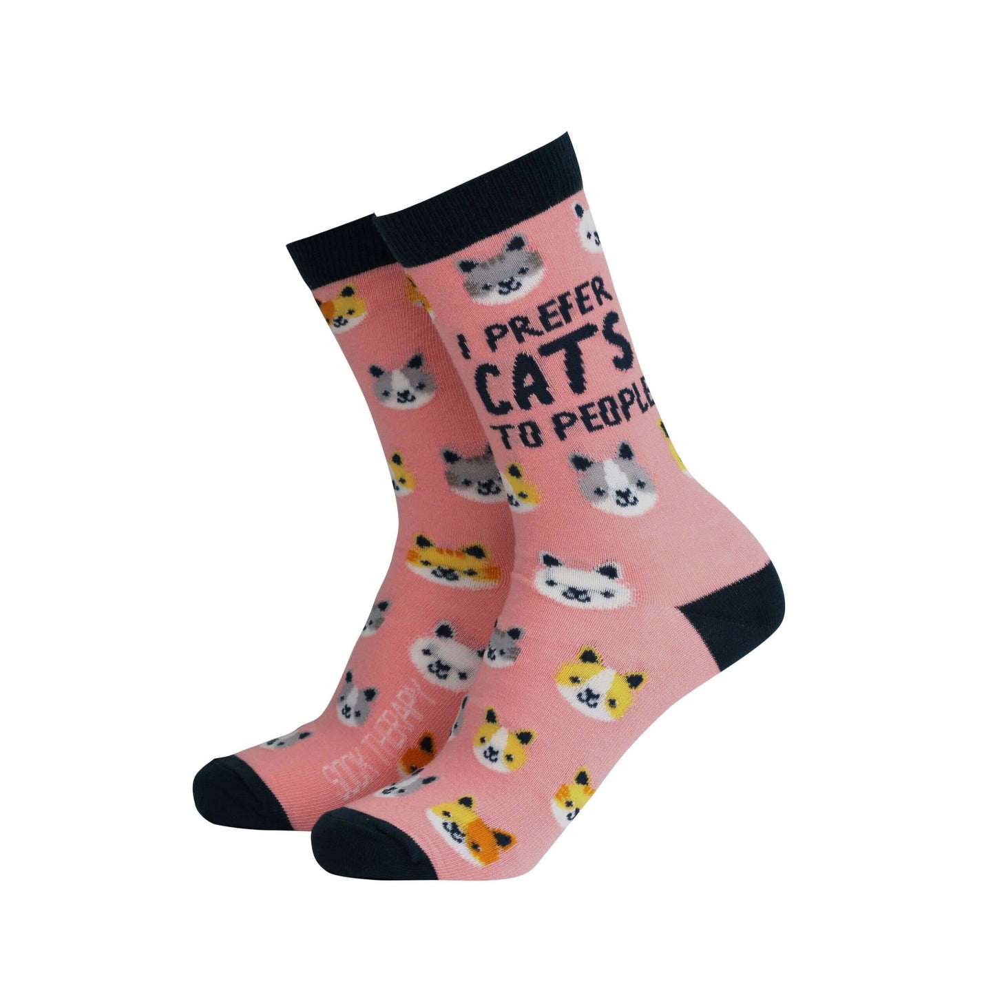 Cute women's bamboo socks with cat print, featuring the phrase 'I Prefer Cats to People' in vibrant colors.