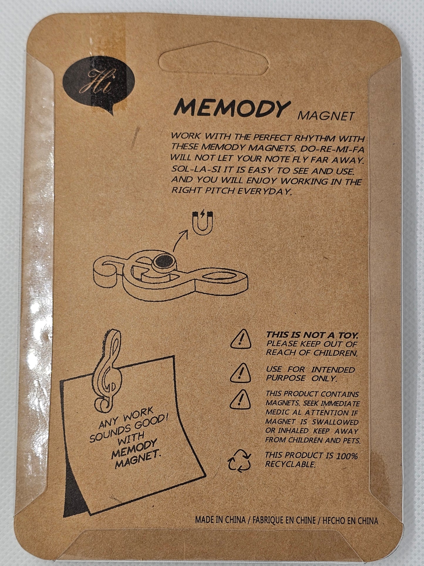 Brown cardboard packaging with text and graphics for a product named 'Memody'.