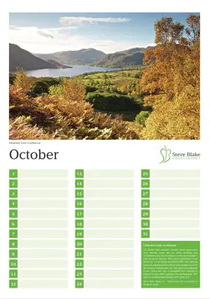 Calendar page for October with a scenic autumn landscape and Steve Blake logo.