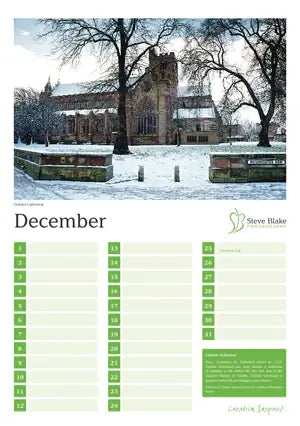 Calendar page for December with a snowy landscape and building, featuring the Steve Blake Calendar brand.