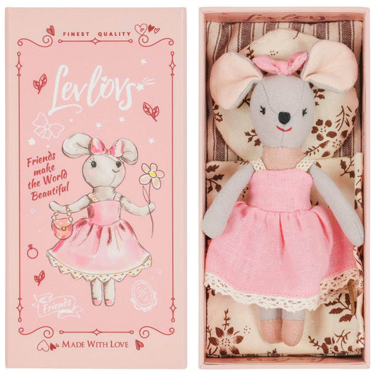 Stuffed toy mouse in a pink dress with a matching box featuring the brand 'Levlevs'.