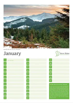Calendar for January with a mountain landscape on a white background