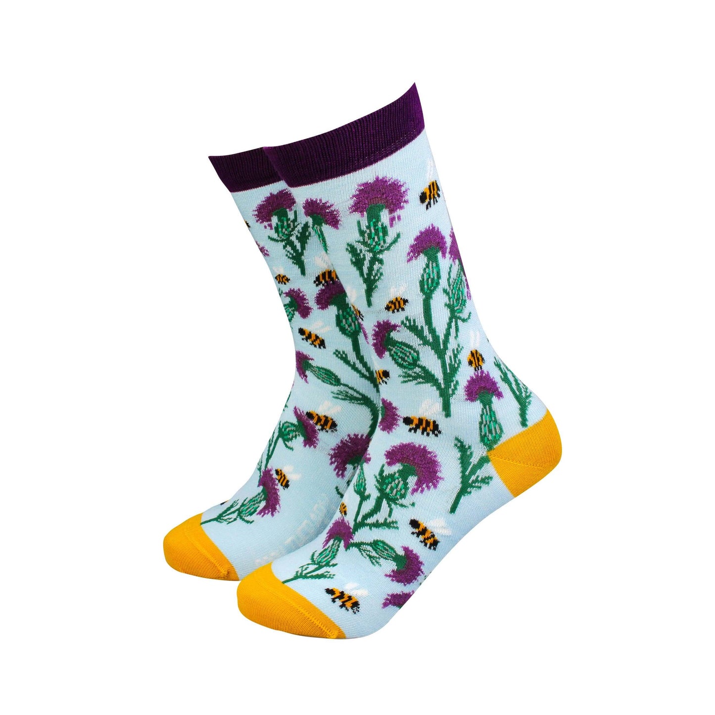 Thistle and Bee women's bamboo socks with vibrant floral patterns and bee prints, perfect for stylish comfort and sustainability.