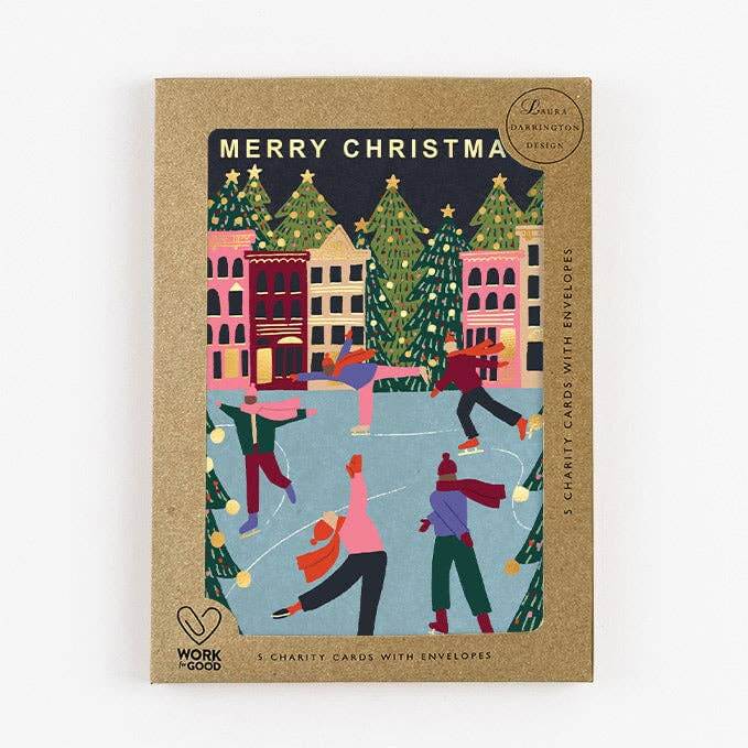 Pack of Christmas cards with illustrated people skating on an ice rink and Christmas trees.
