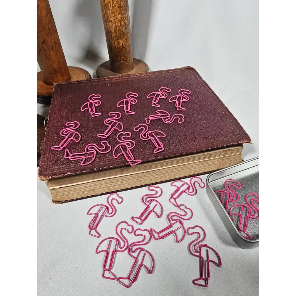 20 Flamingo Paper clips in a tin. - paper clips