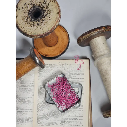 20 Flamingo Paper clips in a tin. - paper clips