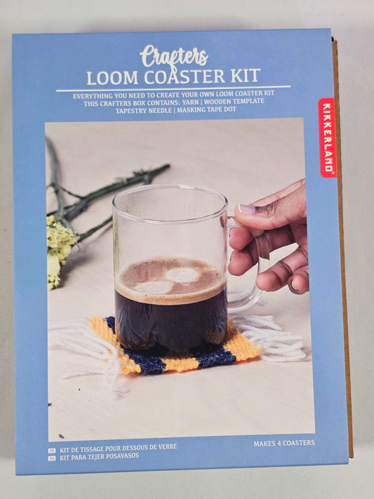 Crafters Loom Coaster Kit packaging showcasing a handwoven coaster and included materials for crafting.