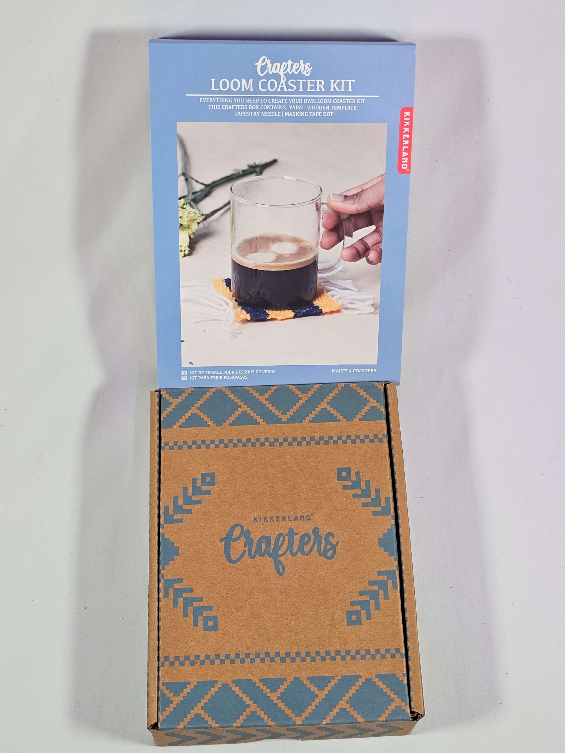 Crafters Loom Coaster Kit by Kikkerland, showcasing packaging and instructions for making handwoven coasters.