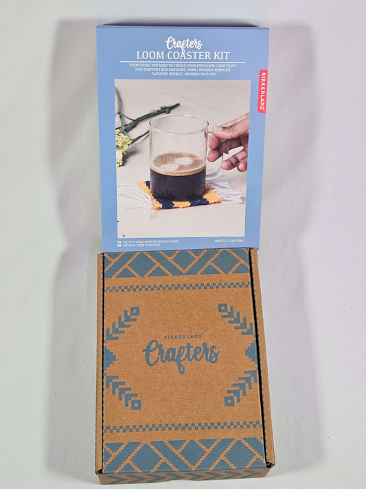 Crafters Loom Coaster Kit by Kikkerland, showcasing packaging and instructions for making handwoven coasters.