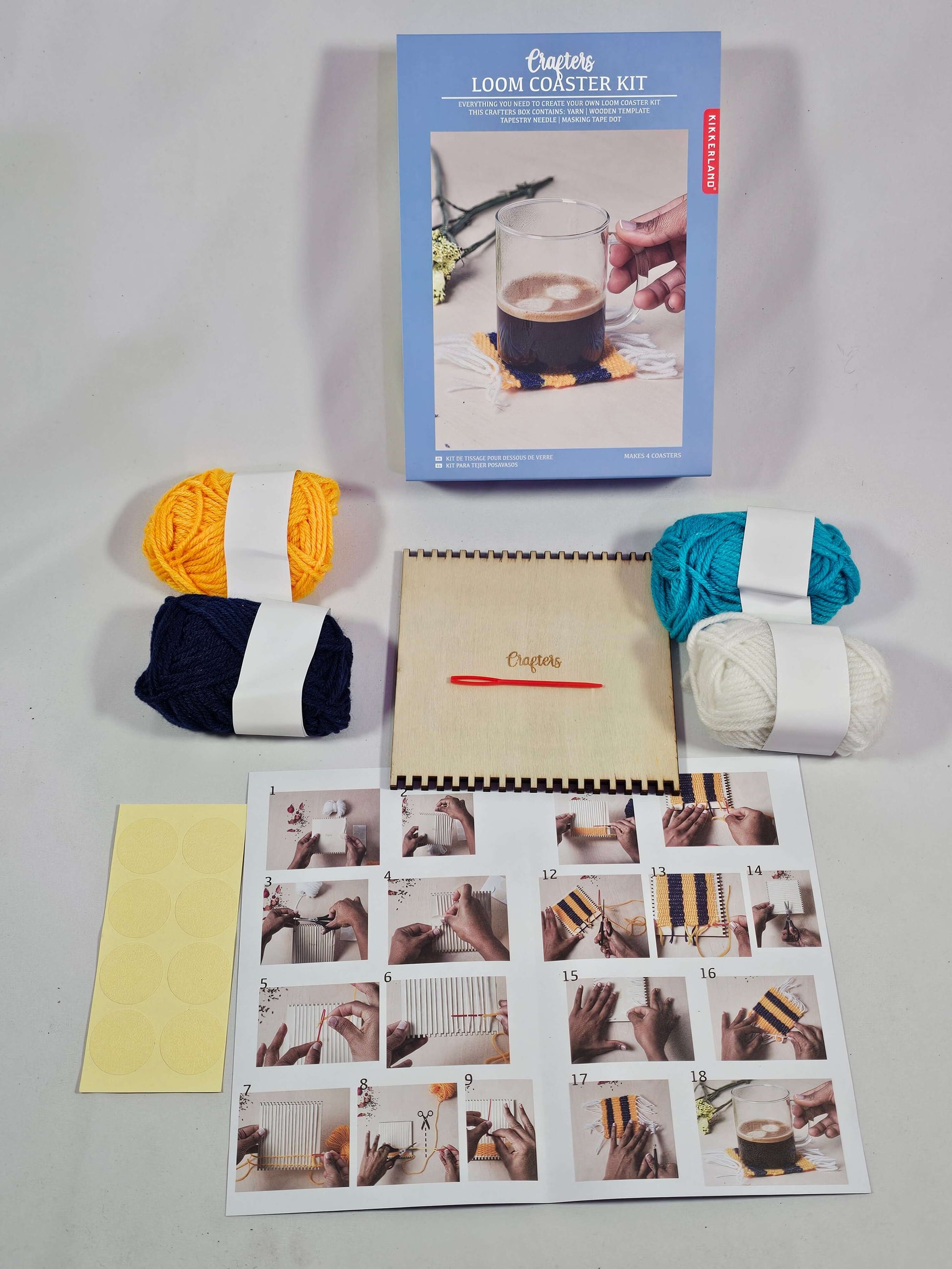 Crafters Loom Coaster Kit with yarn, loom template, and instructional guide for making handwoven coasters.