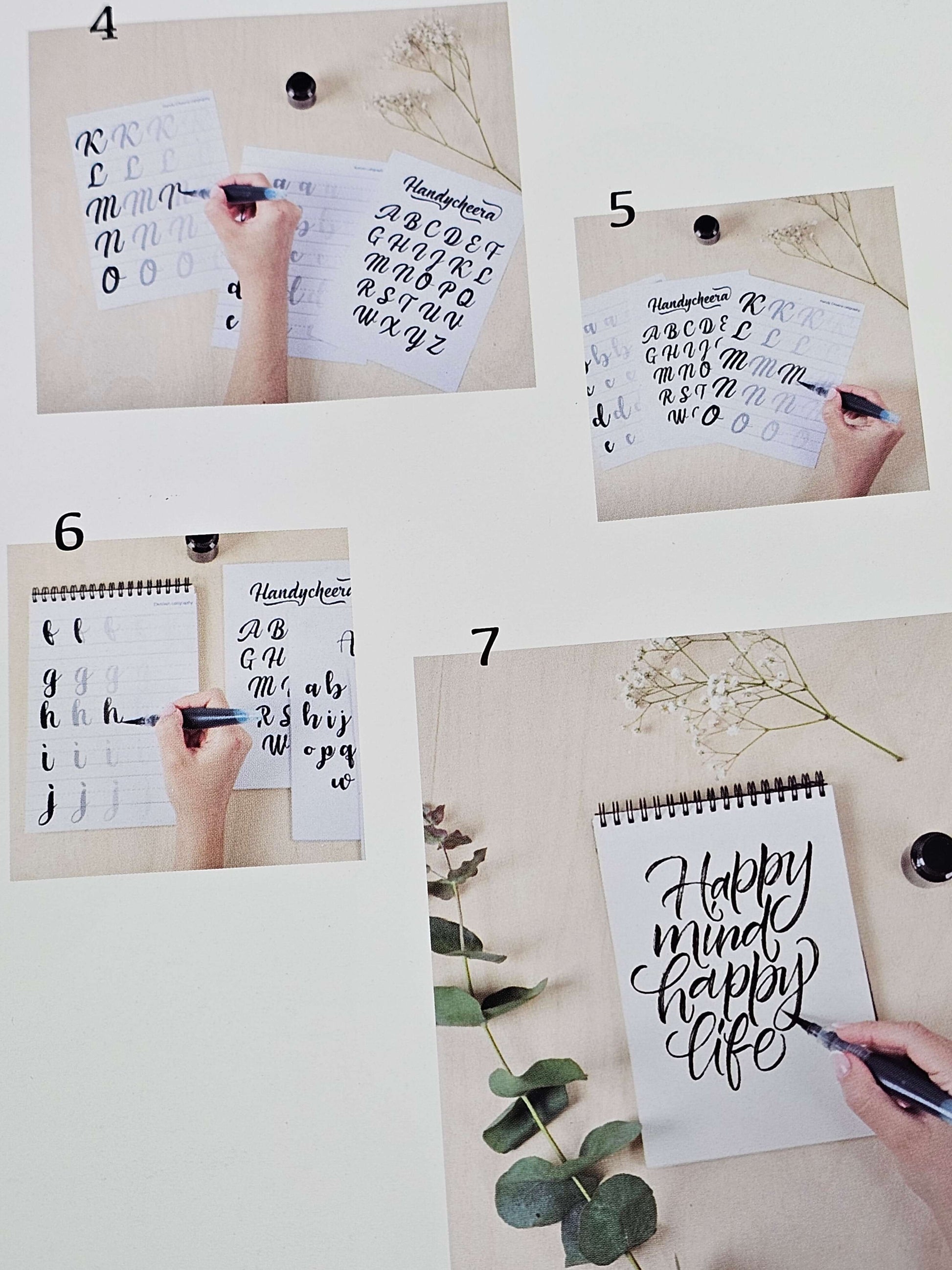 Collage of hands practicing modern brush lettering with templates and ink in a creative workspace.