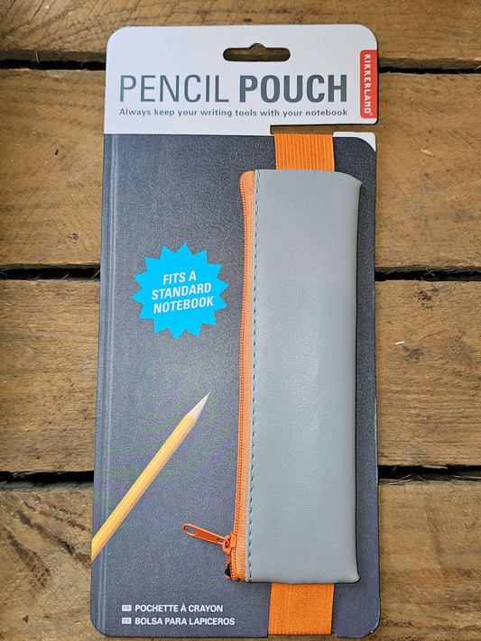Kikkerland pencil pouch in gray with orange zipper, fits standard notebooks, ideal for pens and pencils.