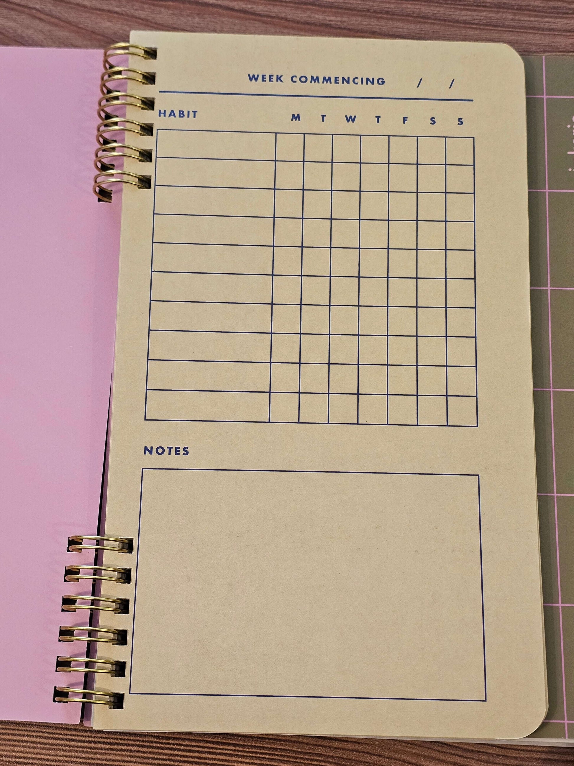Inside page of Kikkerland's Habits & Goals Tracker, featuring a layout for weekly habit tracking and notes.