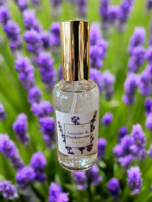 Bottle of lavender and jasmine perfume on a wooden surface with a blurred store background