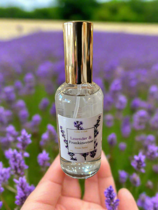 Bottle of lavender and jasmine perfume on a wooden surface with a blurred store background