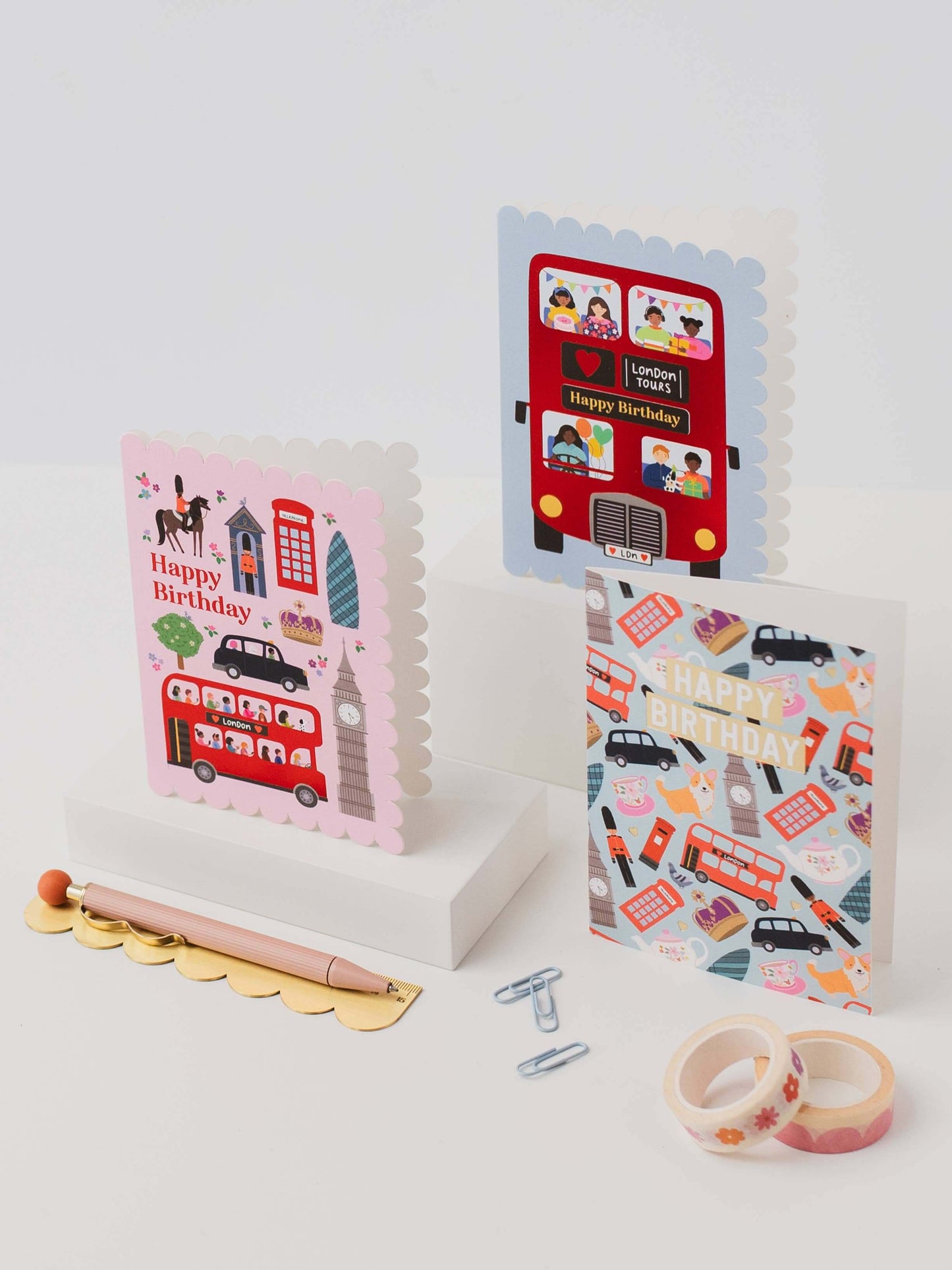 Three greeting cards with London-themed designs on a white background