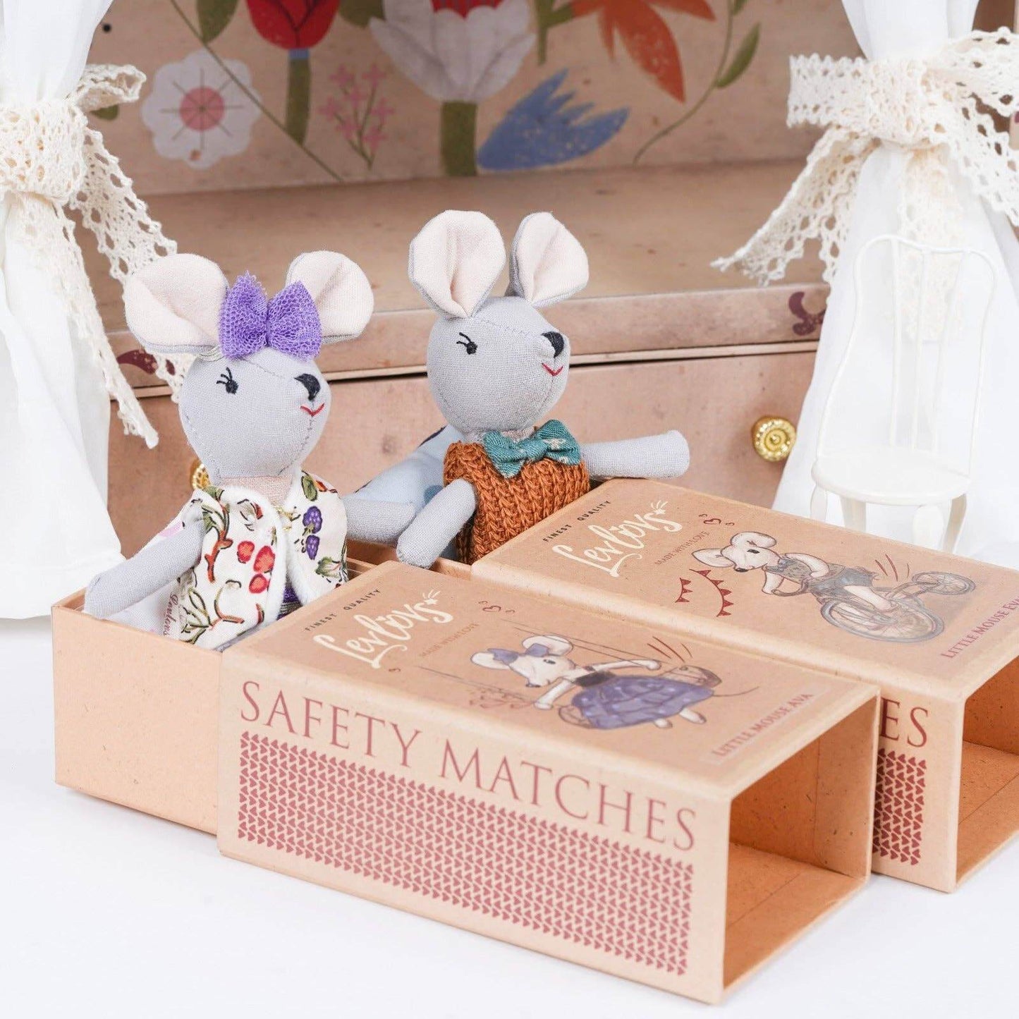 Two plush mouse toys in a decorative box with 'Safety Matches' packaging.