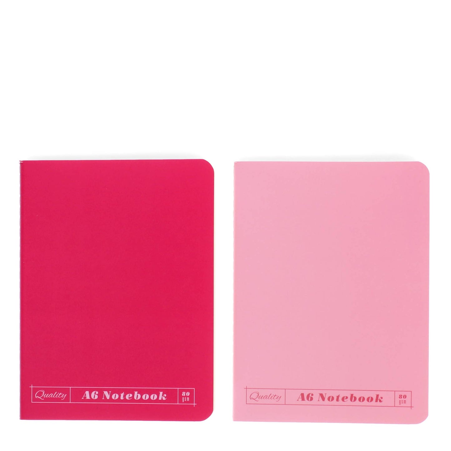 Two pink notebooks with 'Quality A6 Notebook' text on a white background