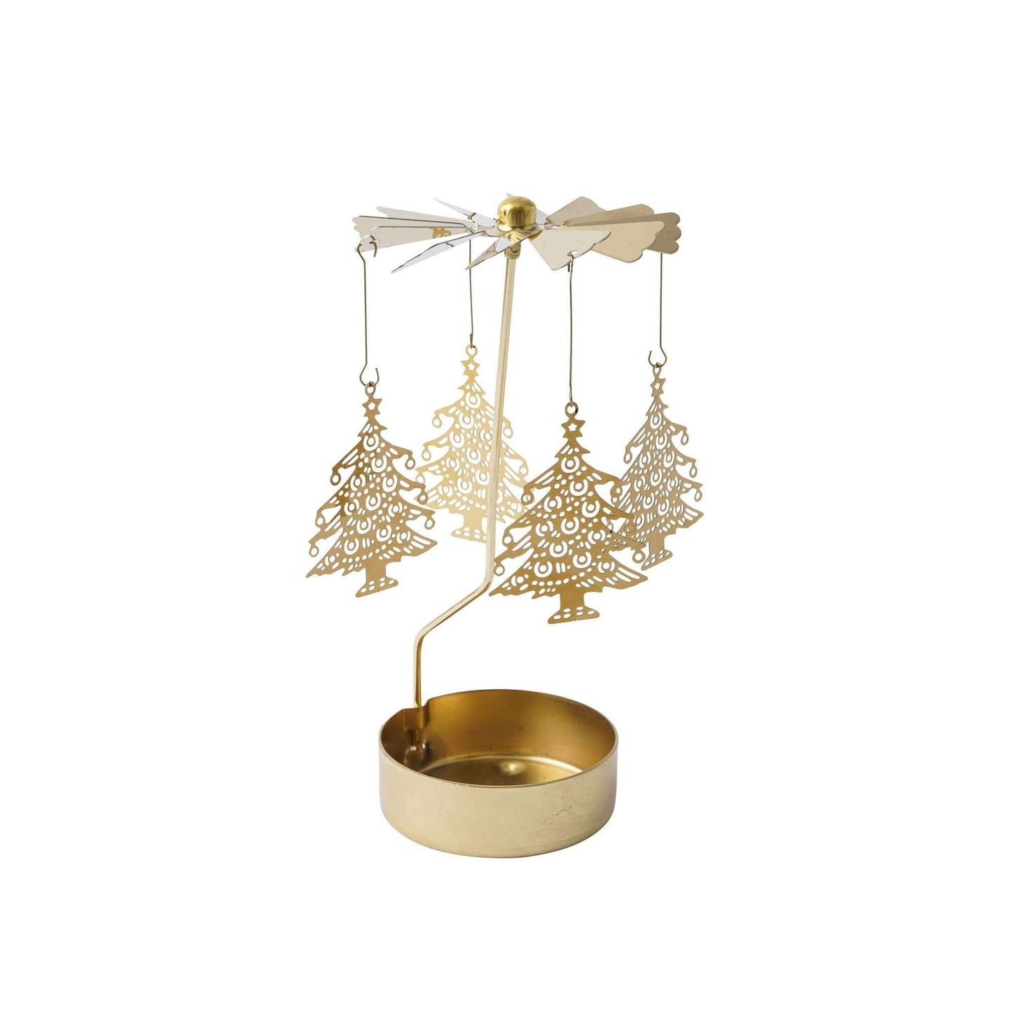 Gold metal tealight holder with hanging Christmas tree decorations on a white background