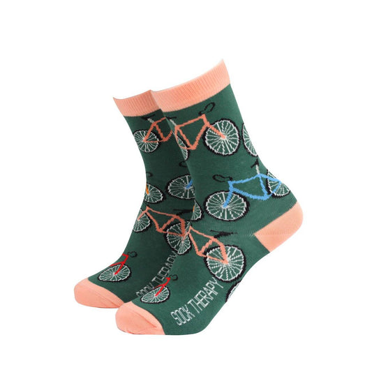 Green women's bamboo socks with colorful bicycle designs by Sock Therapy, perfect for comfort and style.