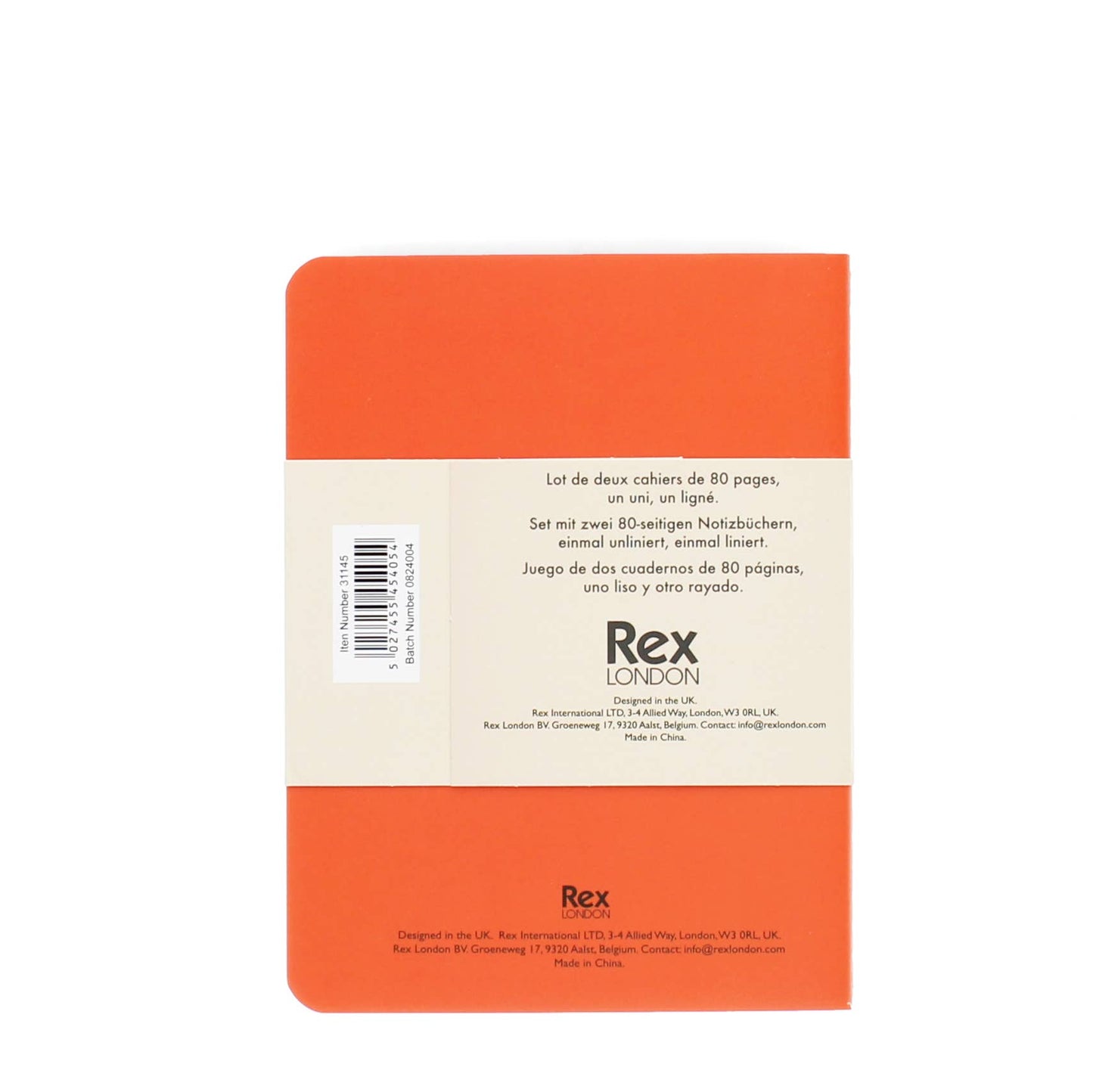 Orange notebook with beige label displaying Rex London branding on a white background