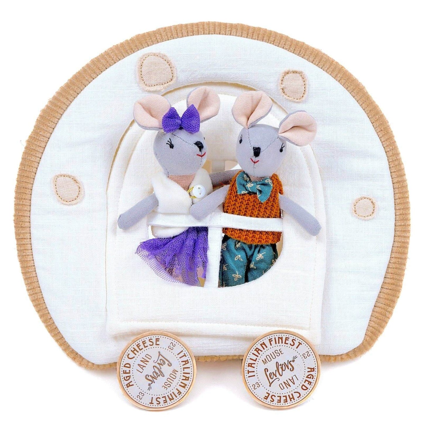 Two plush mouse toys with a decorative plate featuring cheese-themed text.