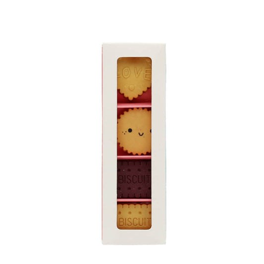Set of three chocolate bars with cute designs in a white box on a white background