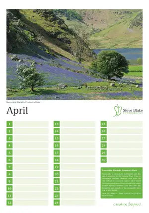 Calendar page for April showing a scenic landscape with trees and a lake.