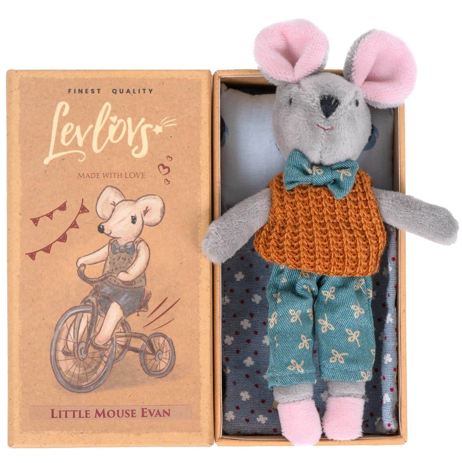 Stuffed mouse toy in a box with 'Levlevs' branding