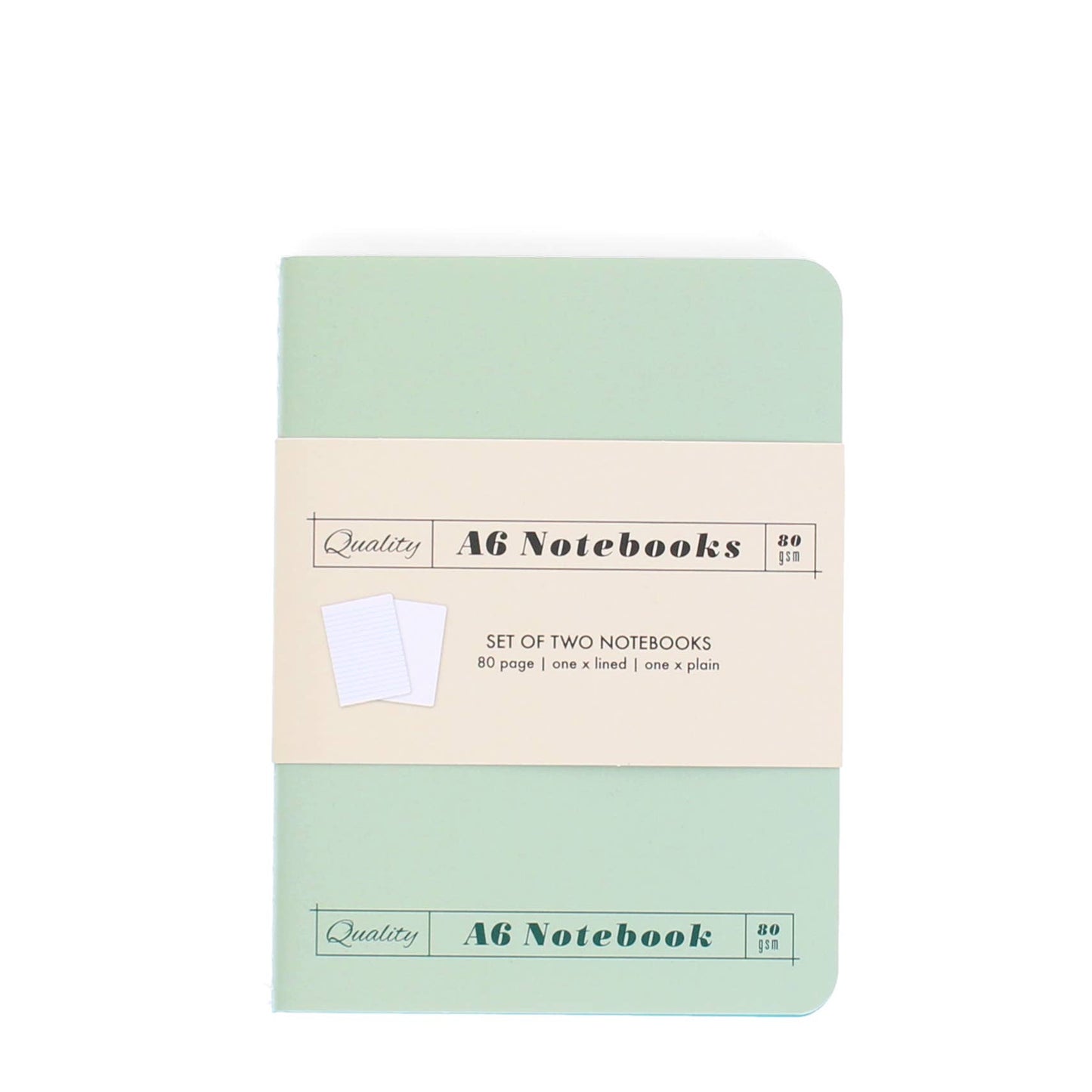 Set of two A6 notebooks with a green and beige design on a white background