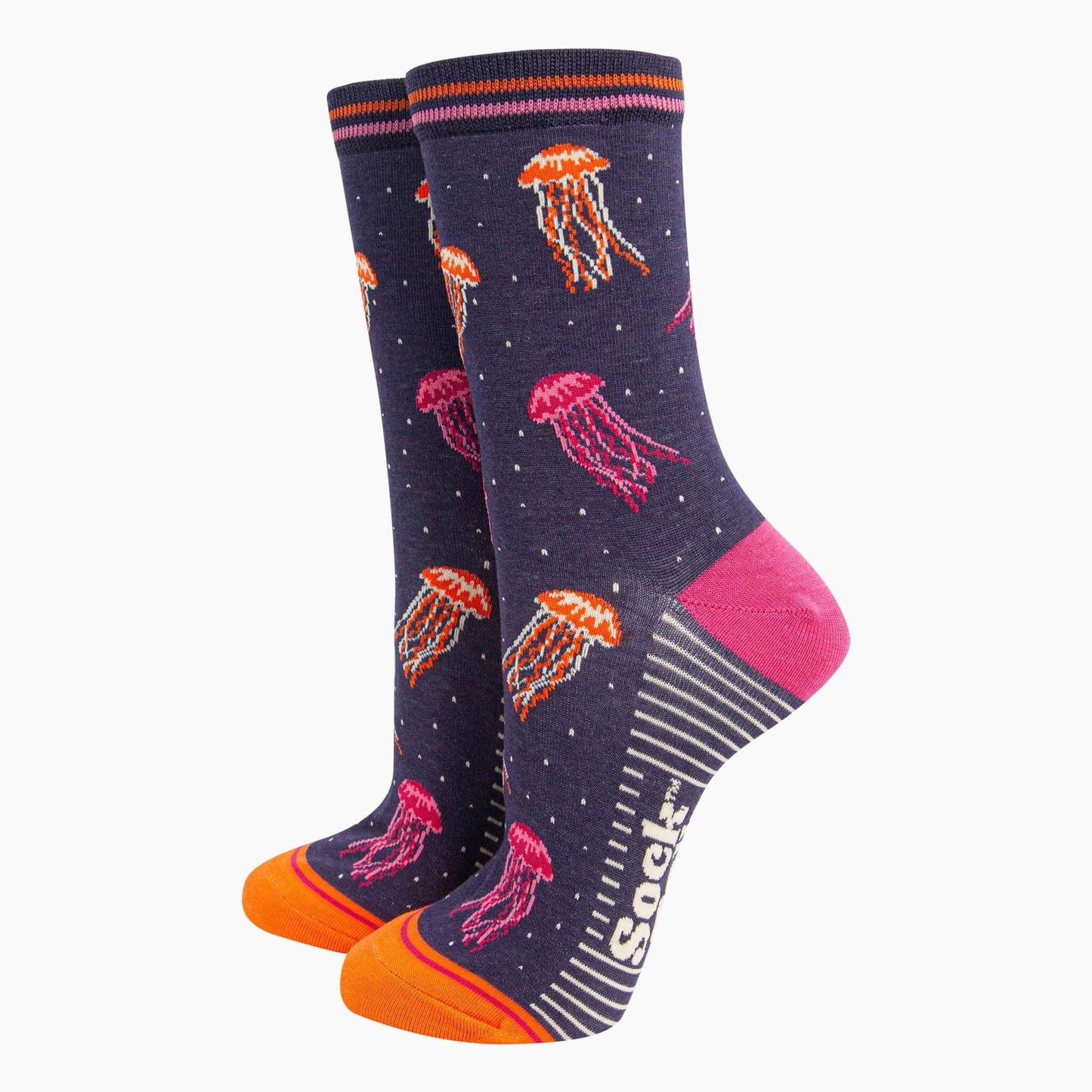 Pair of socks with jellyfish pattern on a white background