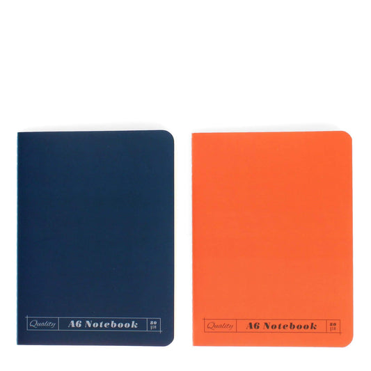 Two notebooks, one blue and one orange, on a white background.