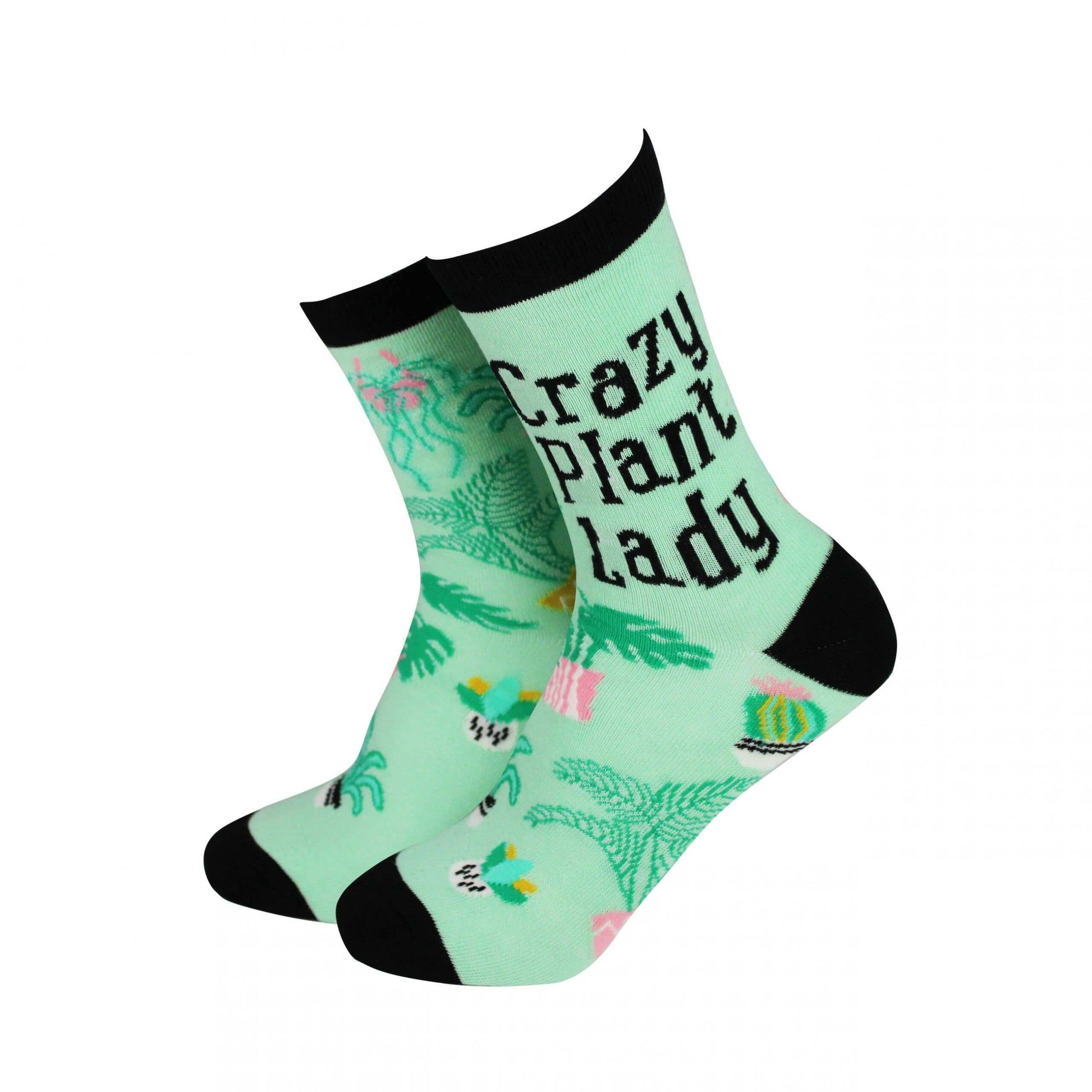 Crazy Plant Lady women's bamboo socks with funky plant designs in green and black.