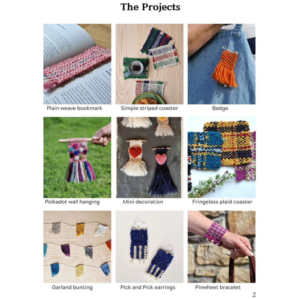 Collage of weaving projects from the Rocket Loom book, including bookmarks, coasters, wall hangings, and more.