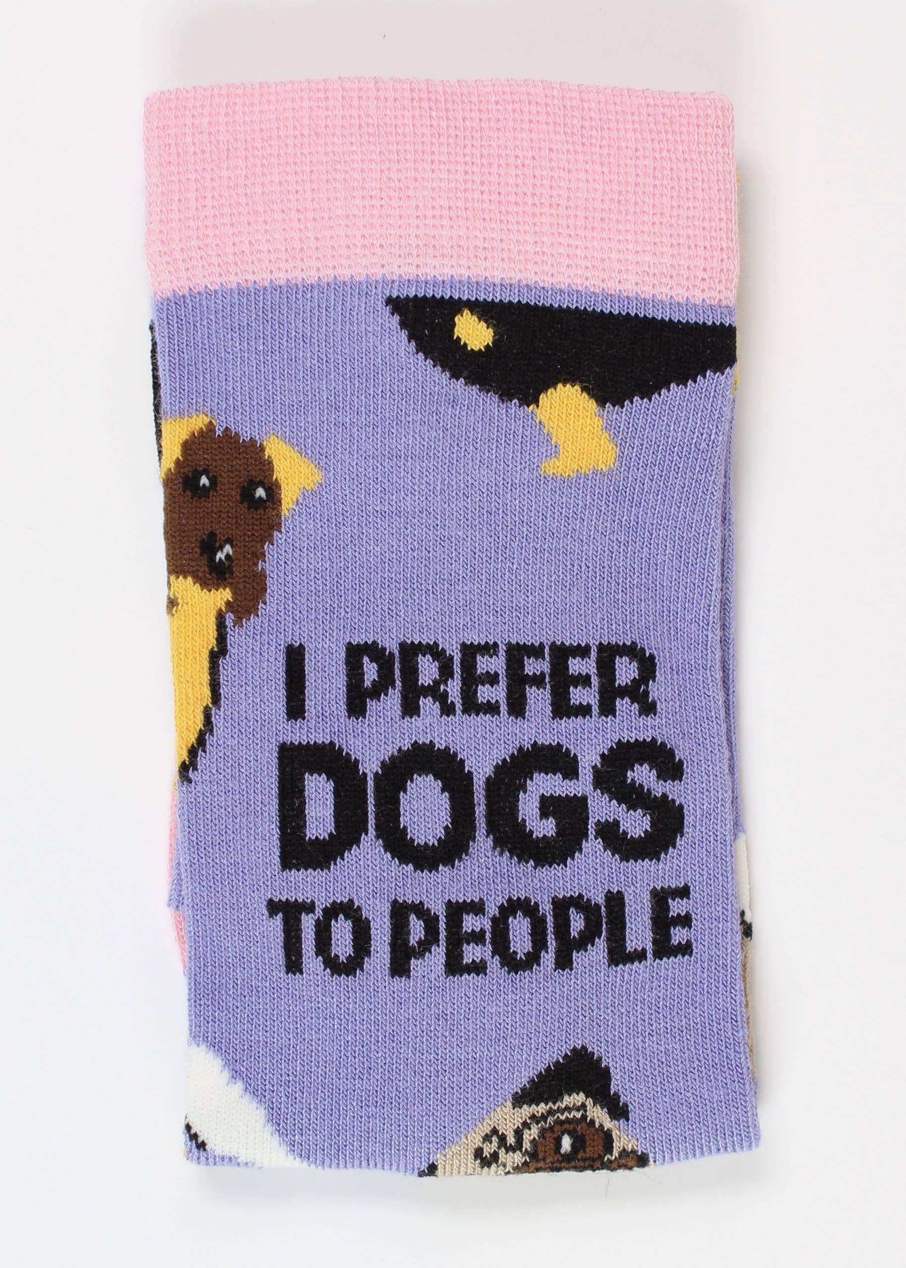 I Prefer Dogs to People women's bamboo socks in colorful design with cute dog illustrations.