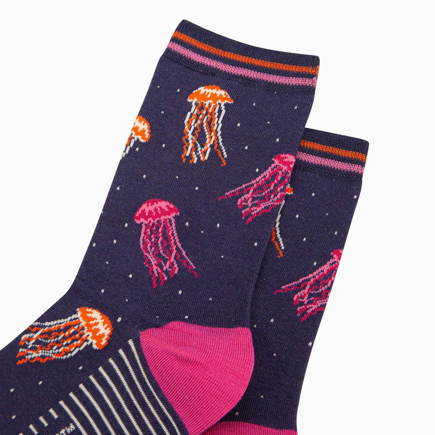 Pair of socks with jellyfish pattern on a white background