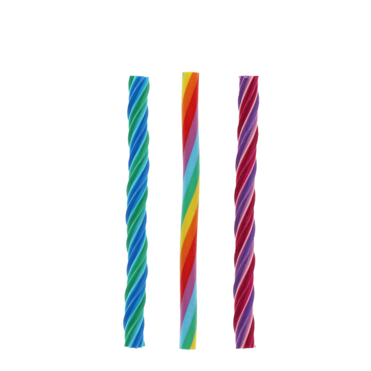 Three colorful striped straws on a white background