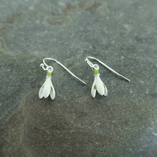 Snowdrop Flower Single Drop Earrings Silver Plated jewellery with white and green enamel design.