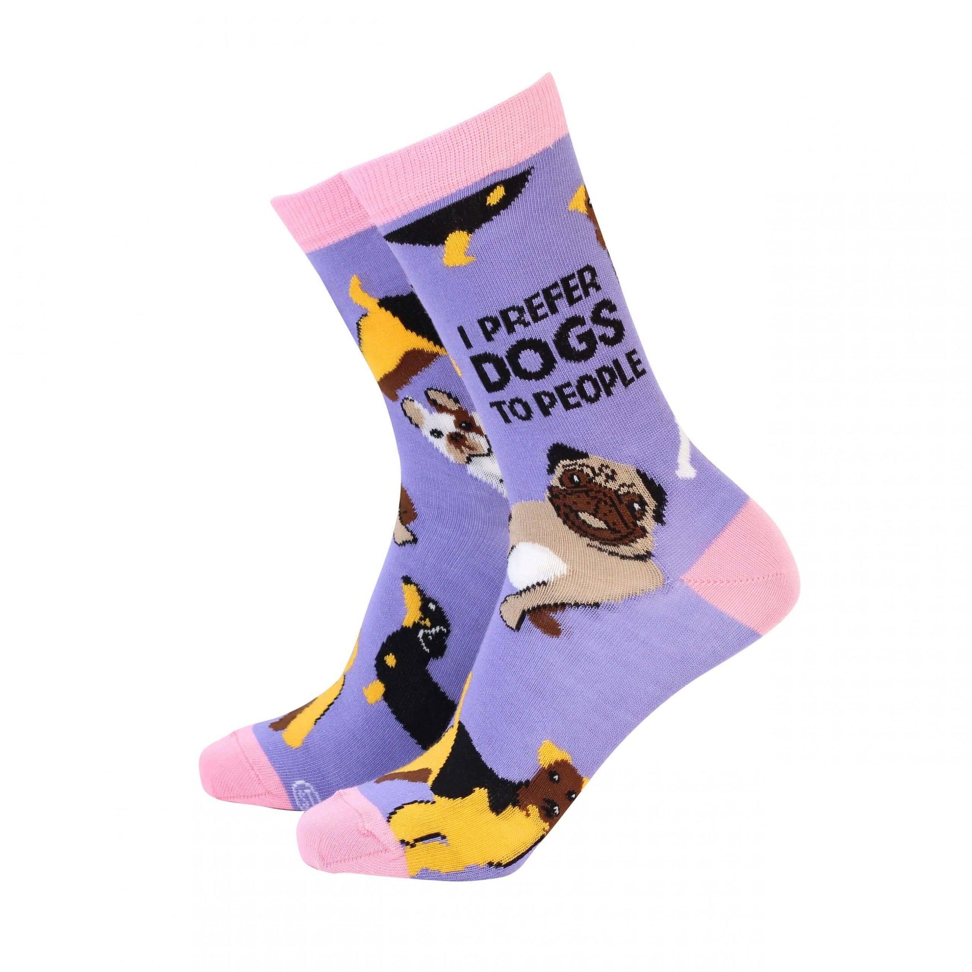 Purple women's bamboo socks with dog prints, featuring the text 'I prefer dogs to people', soft and sustainable.