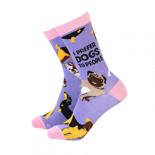Purple women's bamboo socks with dog prints, featuring the text 'I prefer dogs to people', soft and sustainable.