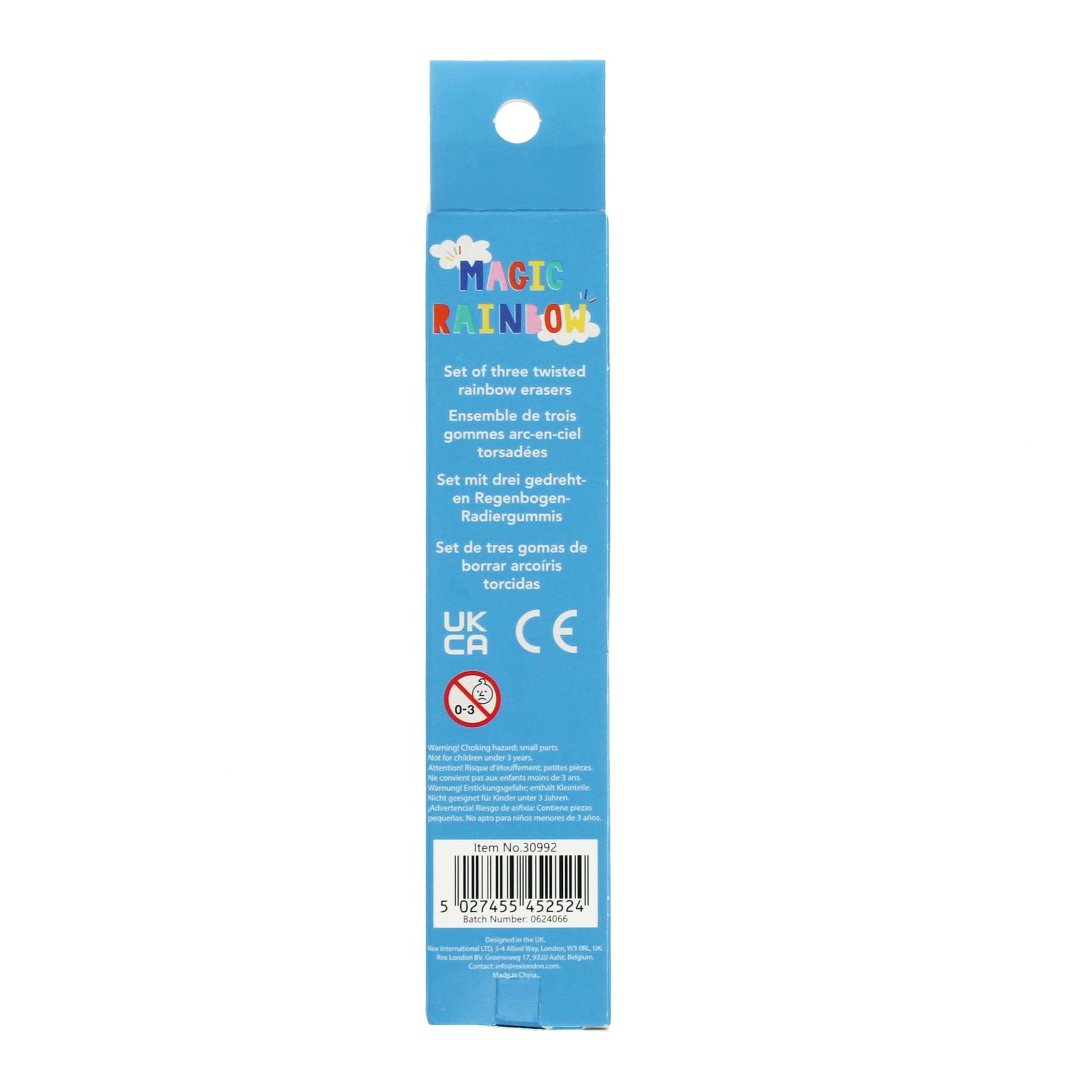 Blue packaging of Magic Rainbow with text and a barcode on a white background