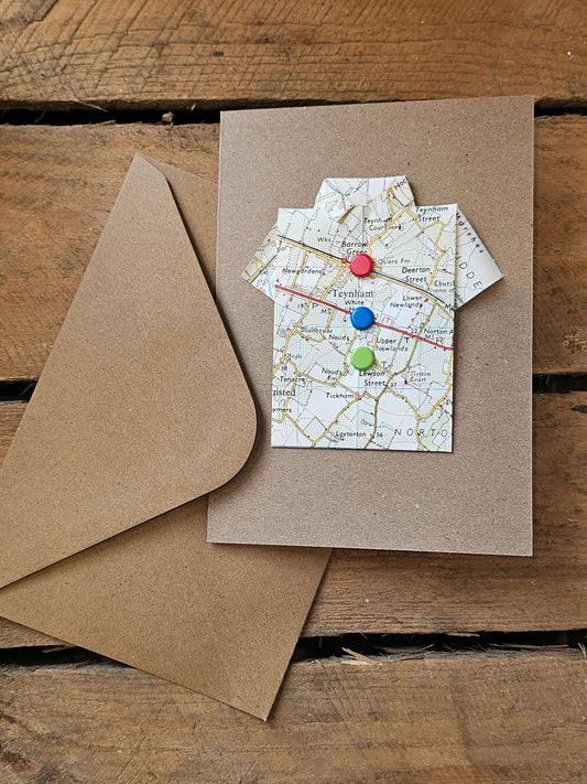 Handmade map shirt greetings card with buttons and envelope, showcasing unique design from pre-loved maps.
