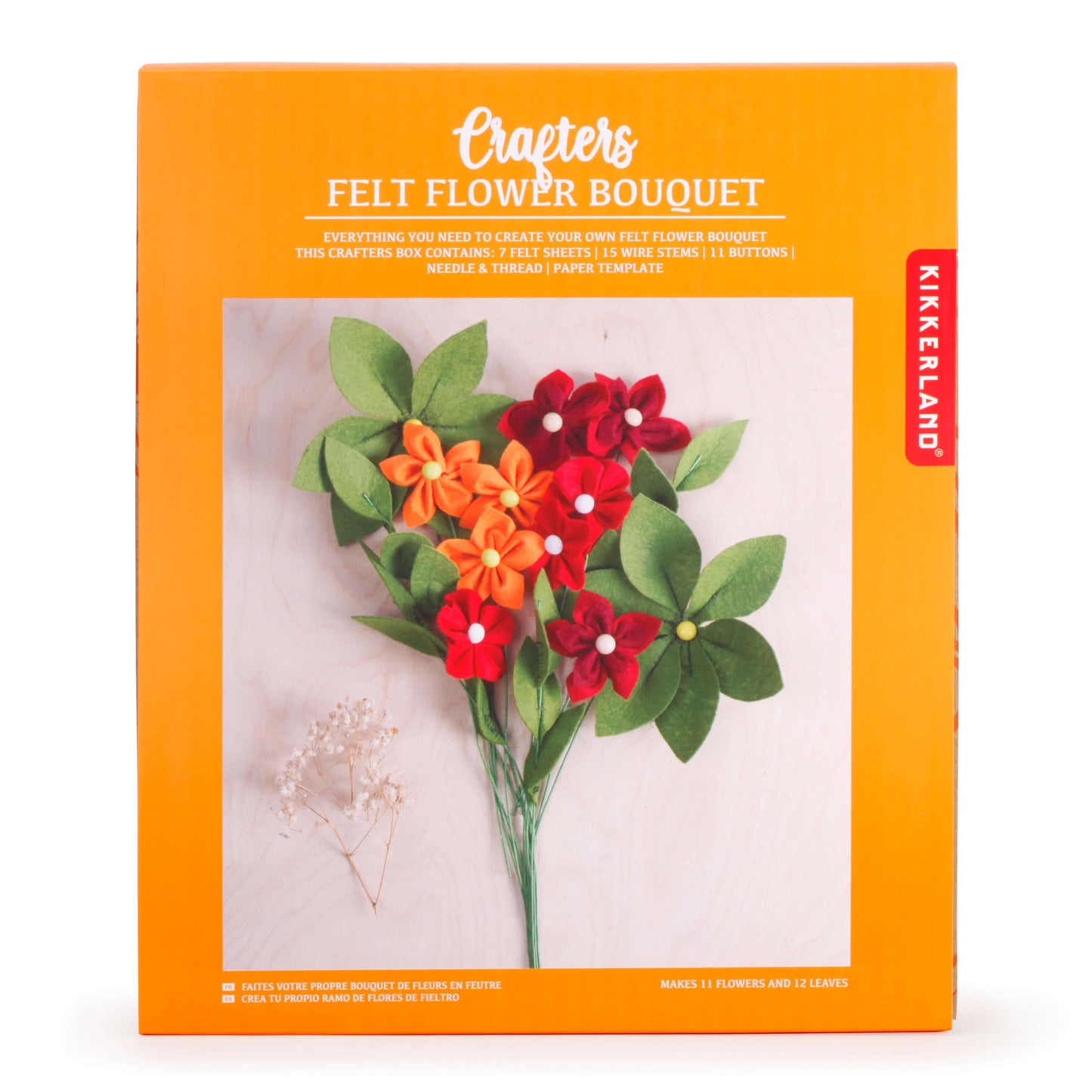 Crafter's Felt Flower Bouquet by Kikkerland with colorful felt flowers, leaves, and crafting materials in a gift box.