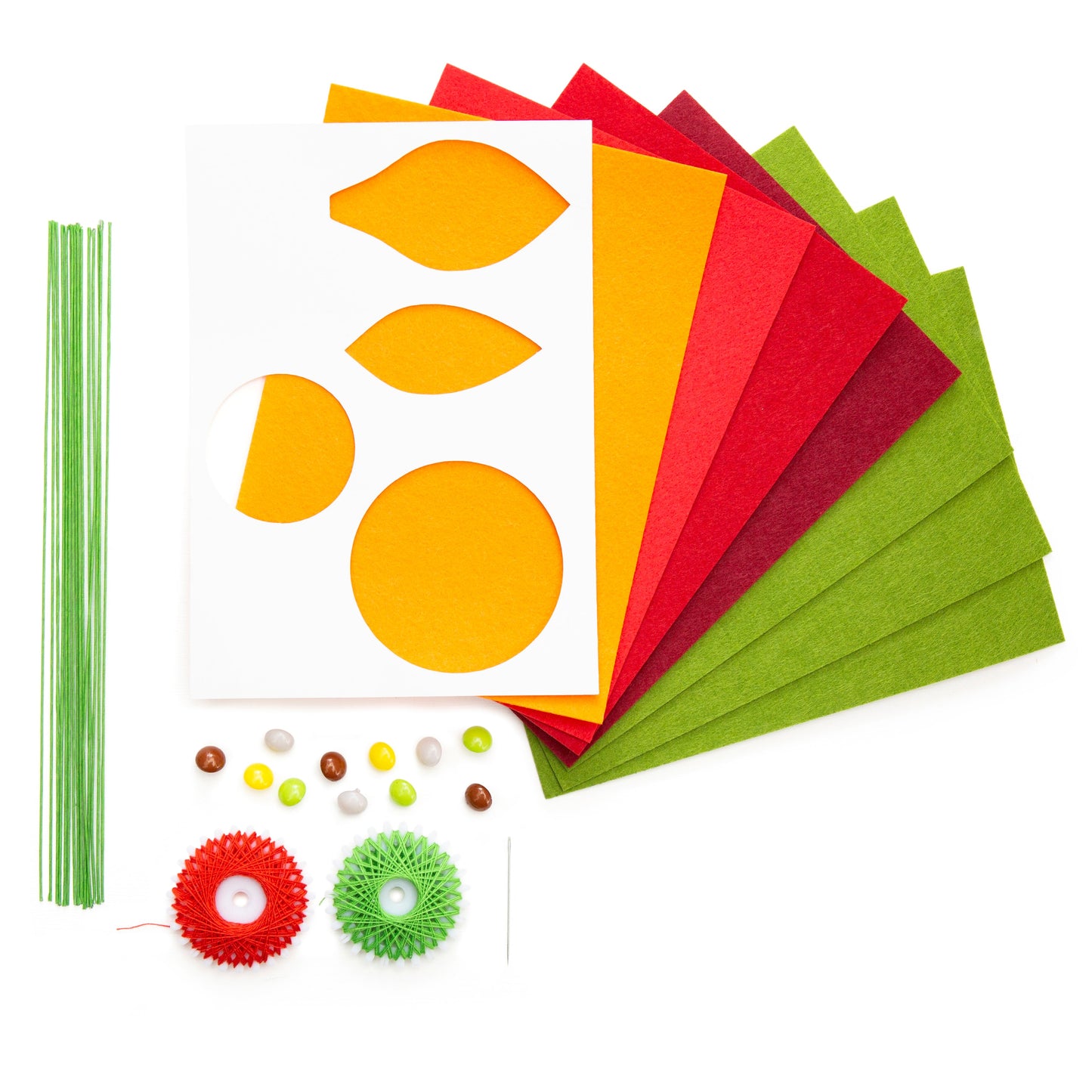 Crafter's felt flower bouquet kit with colorful felt sheets, flower templates, wire stems, buttons, and thread.