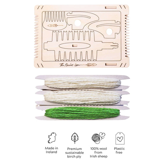 Mini loom weaving kit with Galway wool, premium birch ply from Ireland, eco-friendly and creative for all ages.