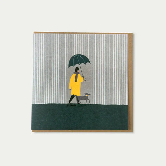 Illustration of a person in a yellow raincoat holding an umbrella with a dog on a leash, on a striped background.
