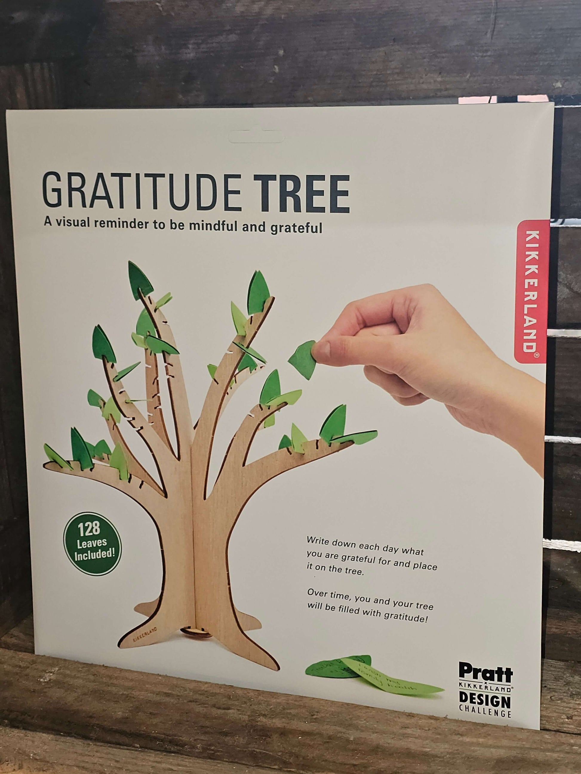 Gratitude Tree by Kikkerland, a wooden tree with green leaves for writing daily gratitude notes.