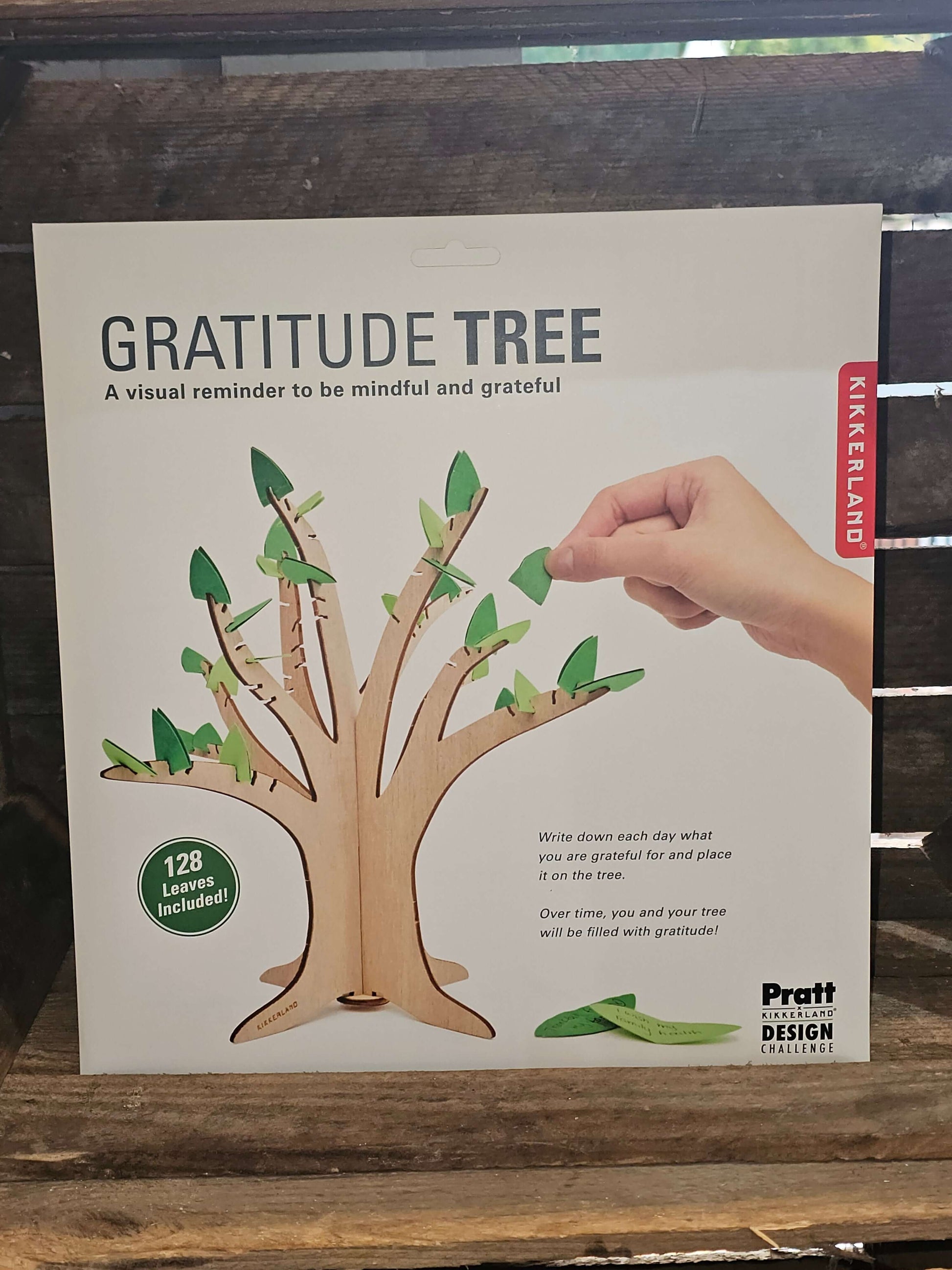 Gratitude Tree by Kikkerland, a wooden tree display with 128 paper leaves for daily expressions of gratitude.