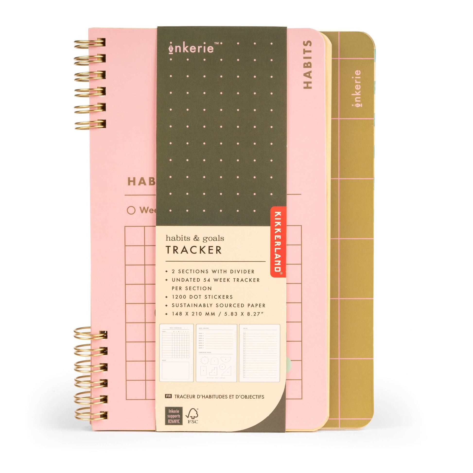 Colorful Habits & Goals Tracker notebook by Kikkerland, featuring 54 weeks/pages and 1200 stickers for tracking progress.